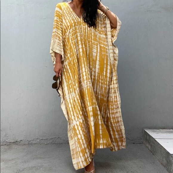 SOLD OUT New Mustard Bohemian Tie Dye Kaftan Kimono Dress - Picture 4 of 8